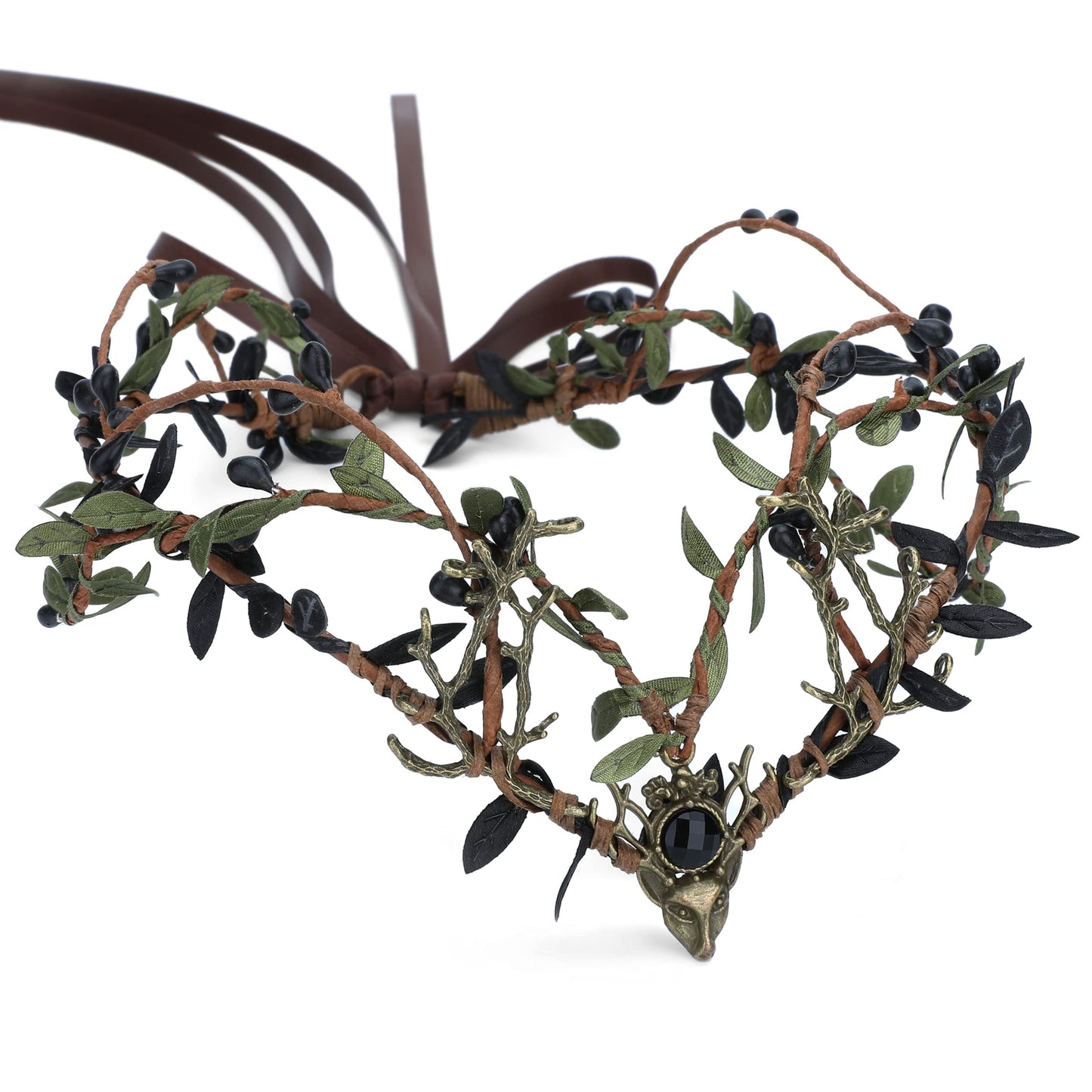 MOSTORY Handmade Black Green Antler Crown Renaissance Faire Costume for Women Fairy Forest Headpiece Woodland Elf Headband for Women Girls Halloween Cosplay Photo Shoot Accessory