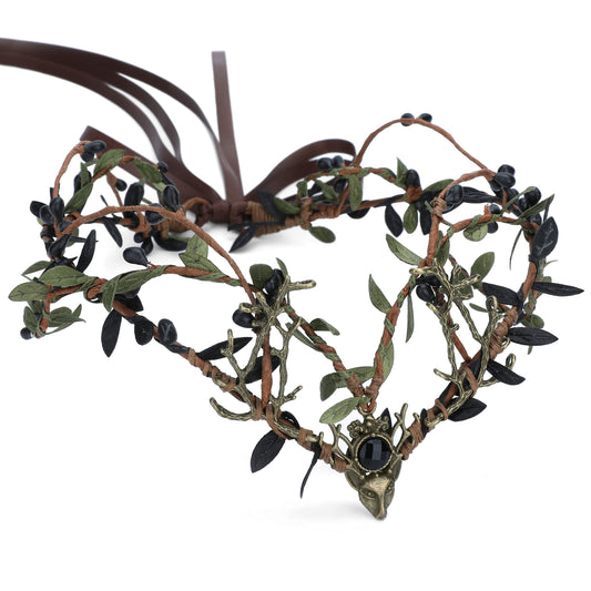 MOSTORY Handmade Black Green Antler Crown Renaissance Faire Costume for Women Fairy Forest Headpiece Woodland Elf Headband for Women Girls Halloween Cosplay Photo Shoot Accessory