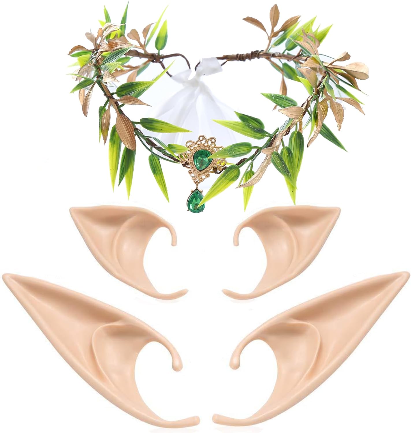 Fairy Elf Ears and Leaf Crown Dress Up Costume Cosplay Forest Headband Elf Garland Princess Boho Greenery Rhinestone Flower Headband Bridal Tiara Crown for Women Girls Wedding Prom Birthday Halloween