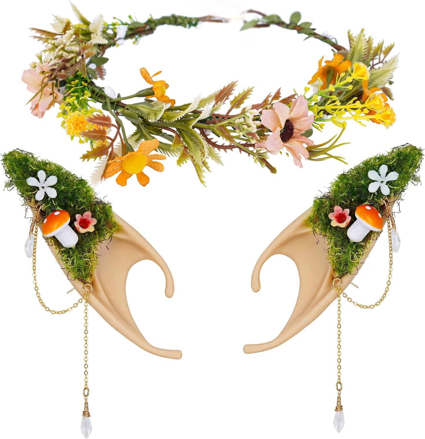 FRESHME Fairy Mushroom Elf Ears with Butterfly Flower Headpiece Set, Forest Mushroom Pixie Ears and Elf Floral Woodland Crown for Women Girls Renaissance Wedding Halloween Cosplay Bridal Photo Shoot