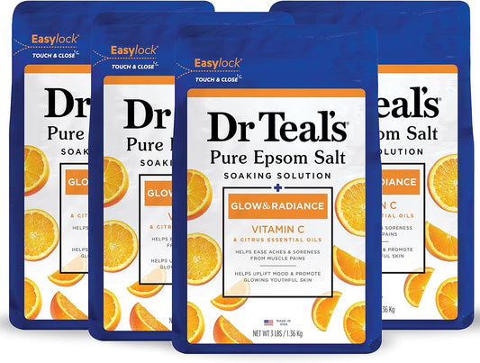 Dr Teal's Pure Epsom Salt Soak, Glow & Radiance with Vitamin C & Citrus Essential Oils, 3 lbs (Pack of 4) (Packaging May Vary)