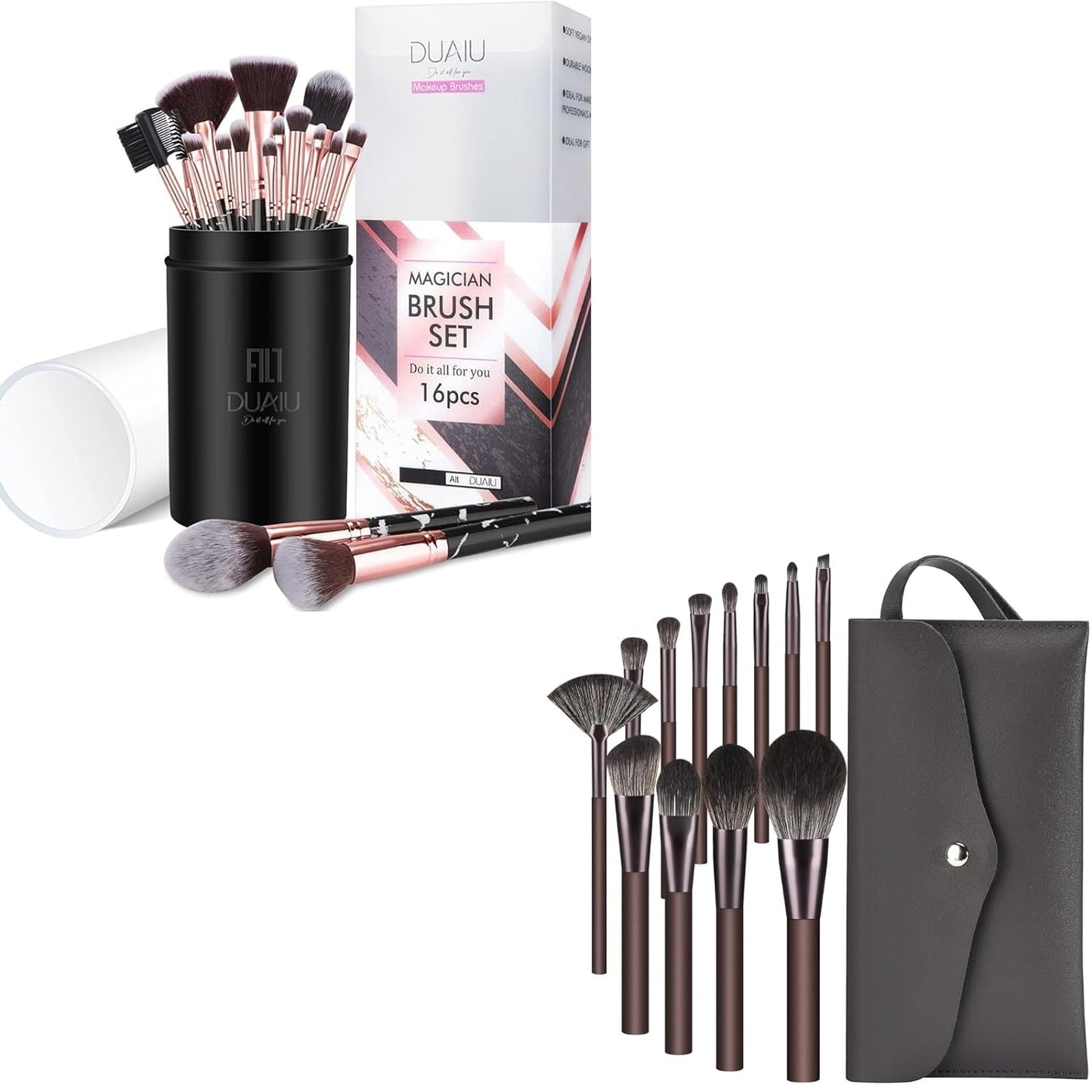 DUAIU 16Pcs Makeup Brush Set with 12Pcs Coffee Brushes Set, Premium Synthetic Foundation Powder Eyeshadow Brush Set with Holder &Bag Gift