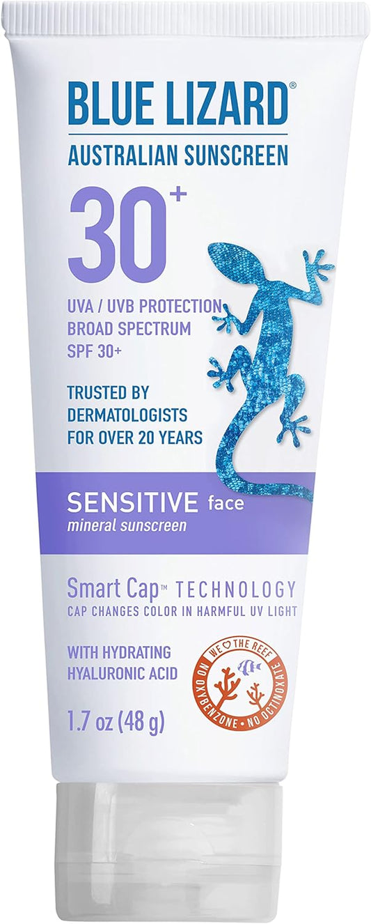Blue Lizard SENSITIVE FACE Mineral Sunscreen with Zinc Oxide and Hydrating Hyaluronic Acid, SPF 30+, Water Resistant, UVA/UVB Protection with Smart Cap Technology - Fragrance Free, 1.7 oz.