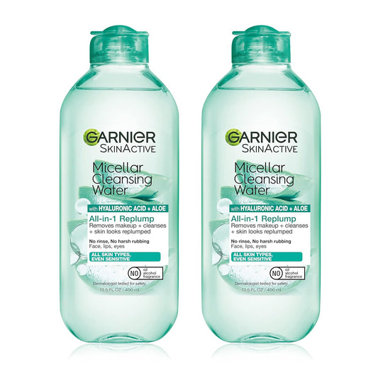 Garnier Micellar Water with Hyaluronic Acid, Facial Cleanser & Makeup Remover, 13.5 Fl Oz (400mL), 2 Count (Packaging May Vary)