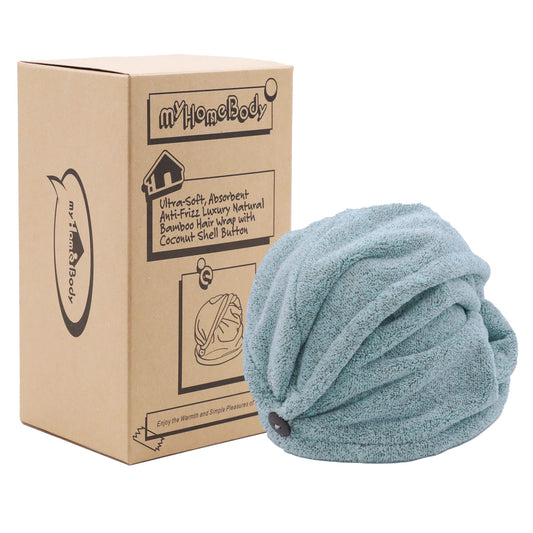 myHomeBody Hair Towel Wrap | Luxury Rapid-Dry Hair-Drying Turban | Ultra Soft and Quick Drying Absorbent Charcoal Fiber, with Coconut Shell Button – Pine Green