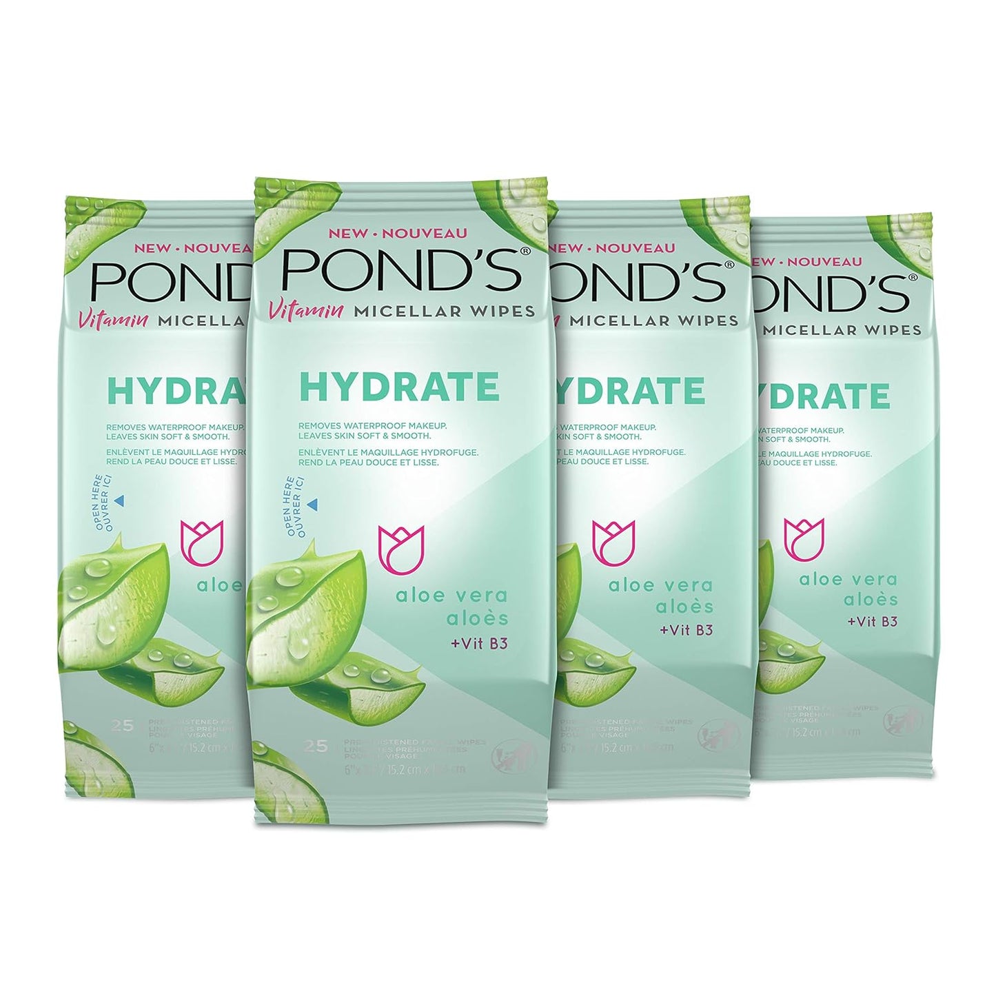 Pond's Vitamin Micellar Wipes for Dry Skin Hydrate Aloe Vera Removes Waterproof Makeup, 25 Count (Pack of 4)