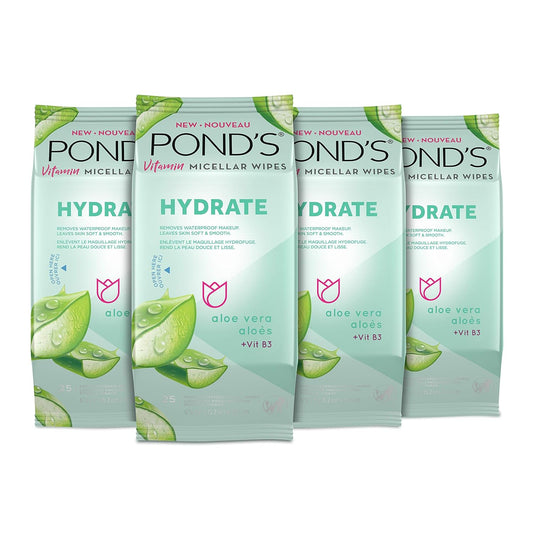 Pond's Vitamin Micellar Wipes for Dry Skin Hydrate Aloe Vera Removes Waterproof Makeup, 25 Count (Pack of 4)