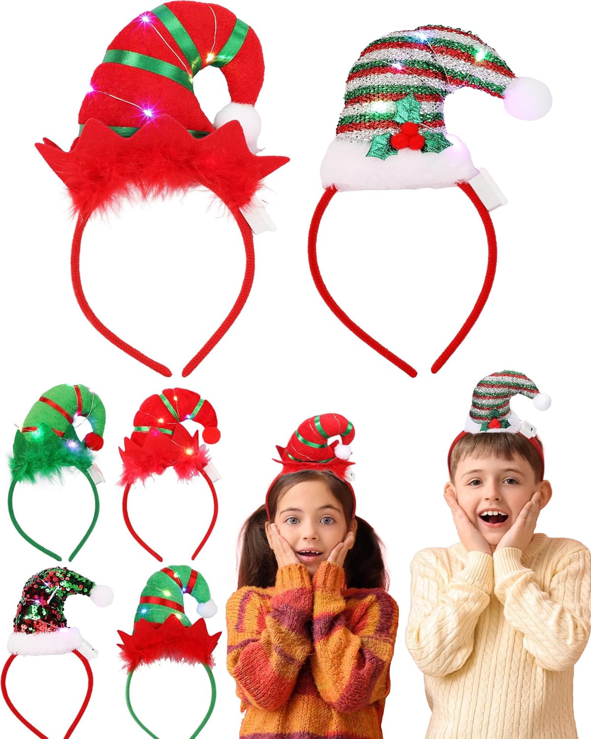 Zubebe 6 Pcs Christmas Elf Headbands Christmas Headbands Costume Headwear LED Light up Elf Hair Hoop Christmas Canes Elf Hats Accessories for Girls Boys Adult Children Christmas Holiday Party Favor