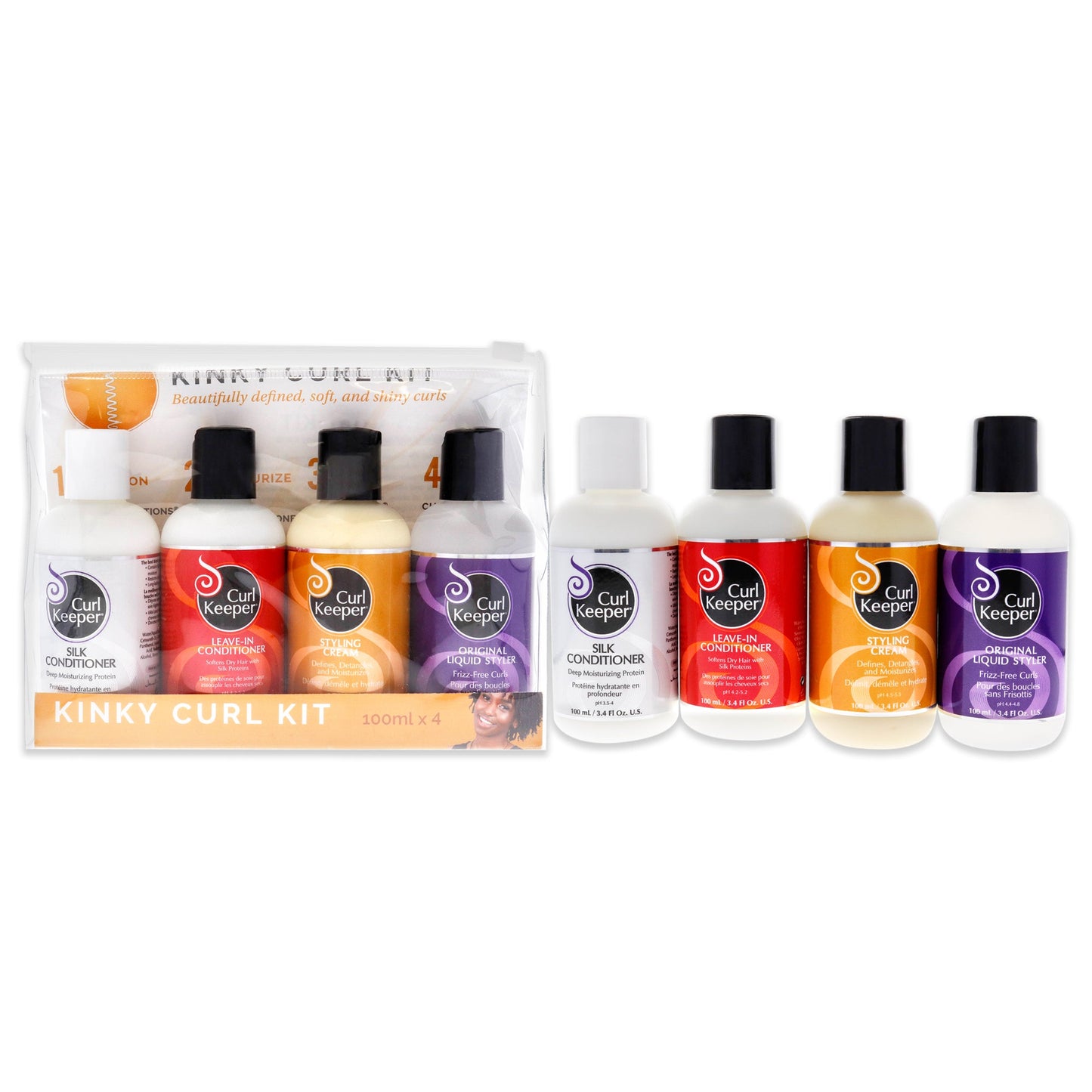Kinky Curl Kit by Curl Keeper for Unisex - 4 Pc Set 3.4oz Silk Conditioner Deep Moisturizing Protein, 3.4oz Leave-In Conditioner Softens Rough Dry Hair, 3.4oz Styling Cream Tames Defines Detangles, 3.4oz Original Liquid Styler Frizz-Free Curls